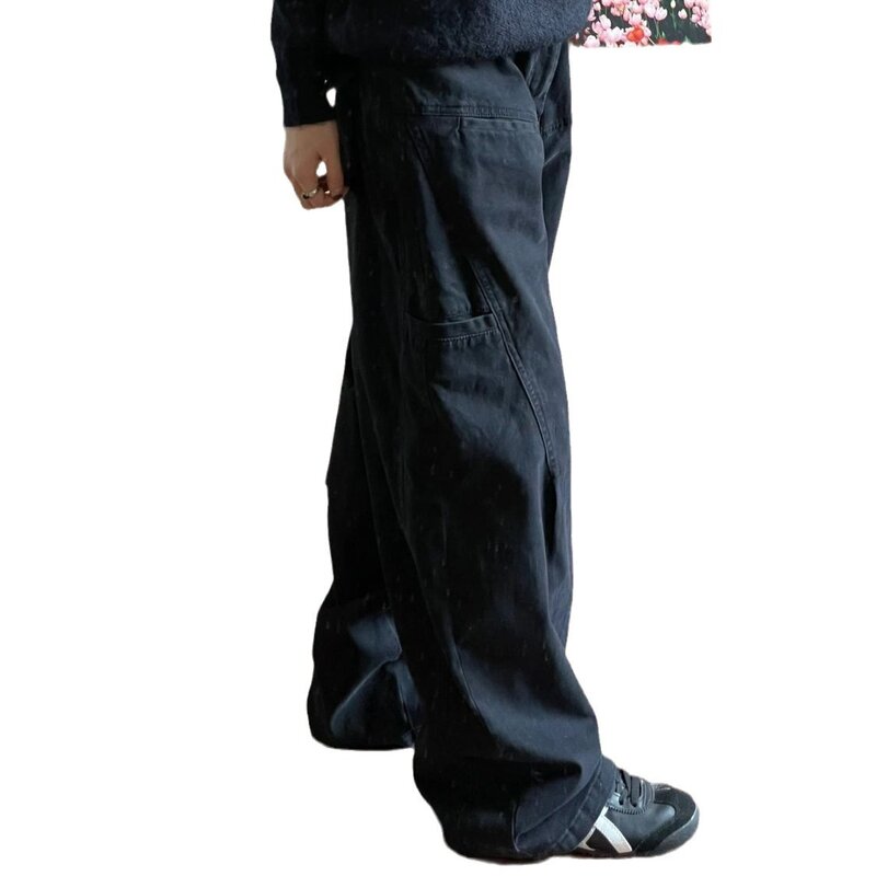 QWEEK-Calças femininas góticas pretas de cintura alta, jeans largos retos, calças oversize patchwork, streetwear casual, vintage, Y2K