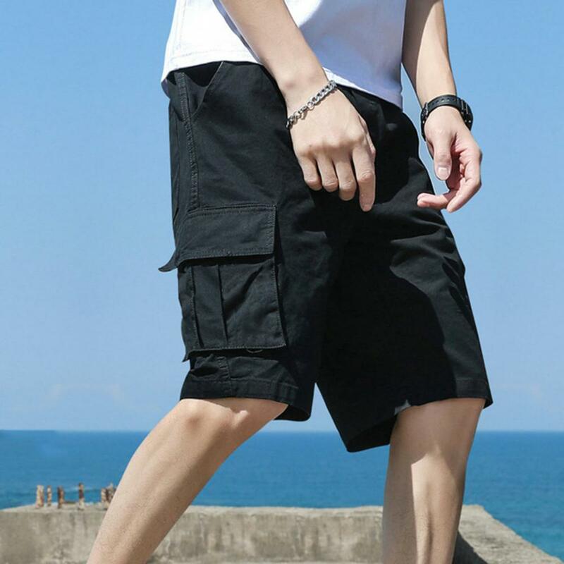 Calções de carga respiráveis masculinos, cintura elástica, multi bolsos, streetwear esportivo de verão