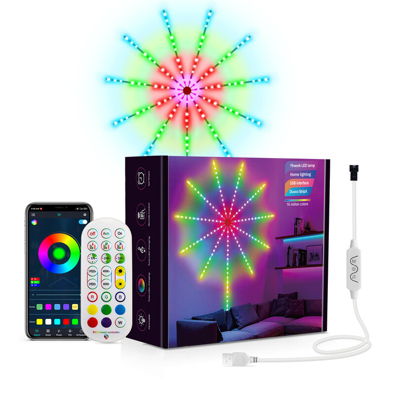 RGB Firework LED Strip Light, Bluetooth, Neon Inteligente, App, USB, 5V, Decoração de Festa de Natal