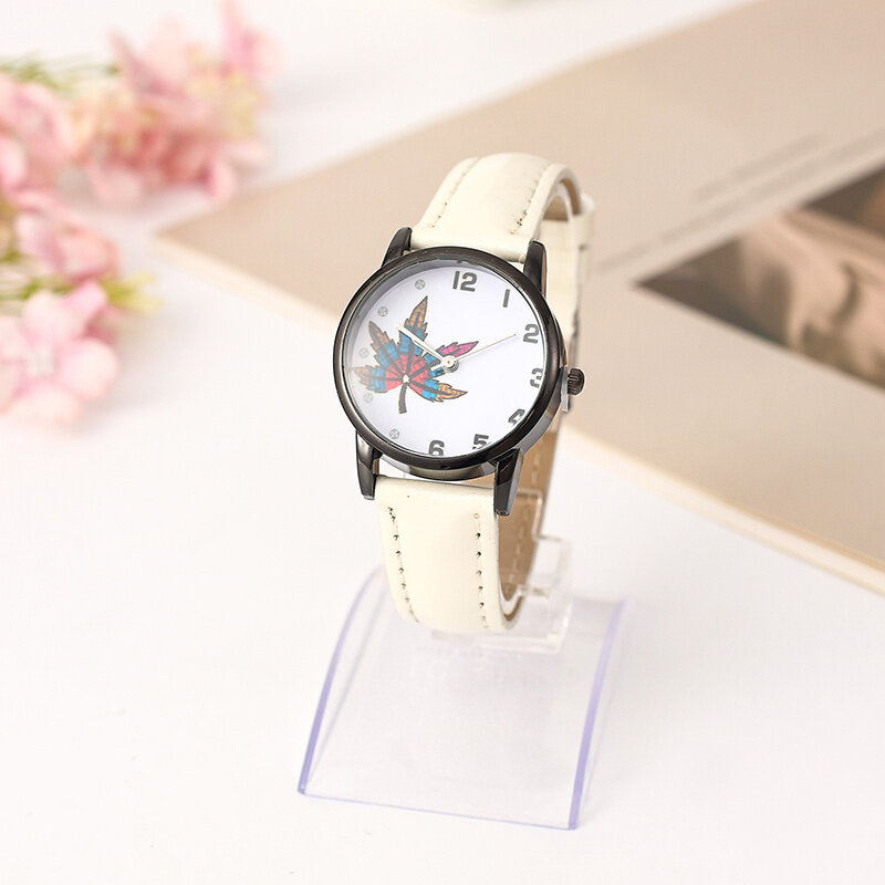 Maple leaf round relógio de quartzo, multicolorido elegante feminino liga ponteiro relógio de pulso vestido relógios