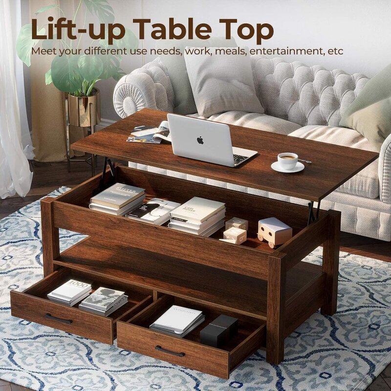Couch tisch mit Schubladen und Retro-Mittel tisch mit verstecktem Fach und Holzlift-Tischplatte für Wohnzimmer tische