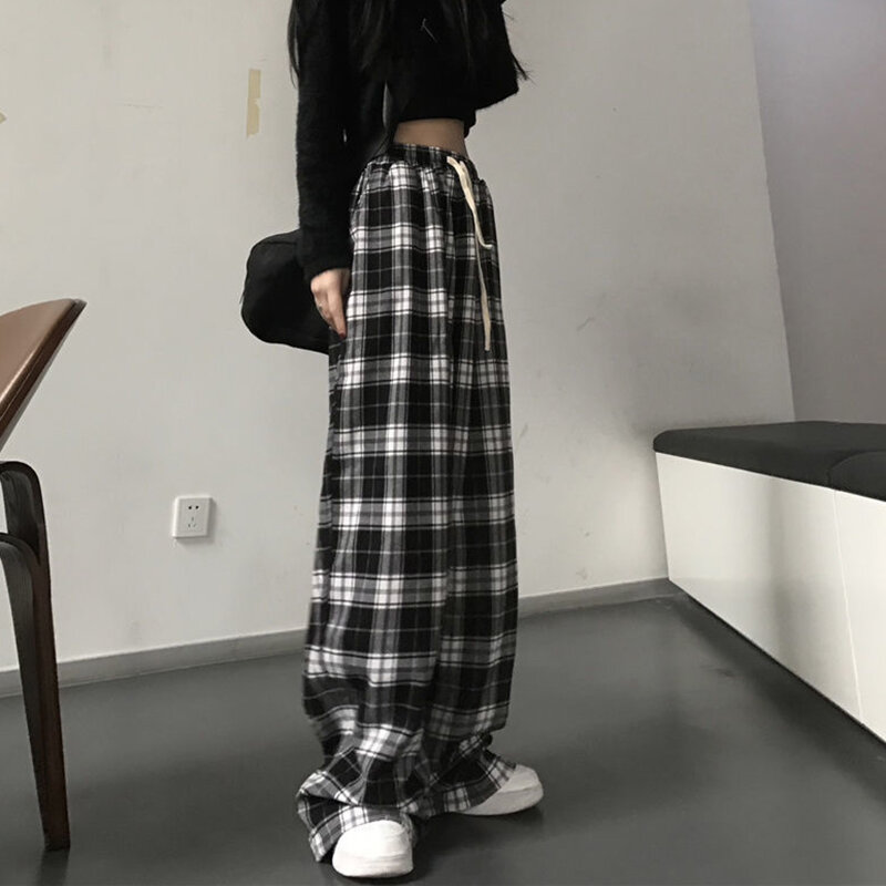 Черно-белые клетчатые брюки в стиле Харадзюку, женские летние повседневные брюки с широкими штанинами, корейские модные свободные прямые брюки Y2k