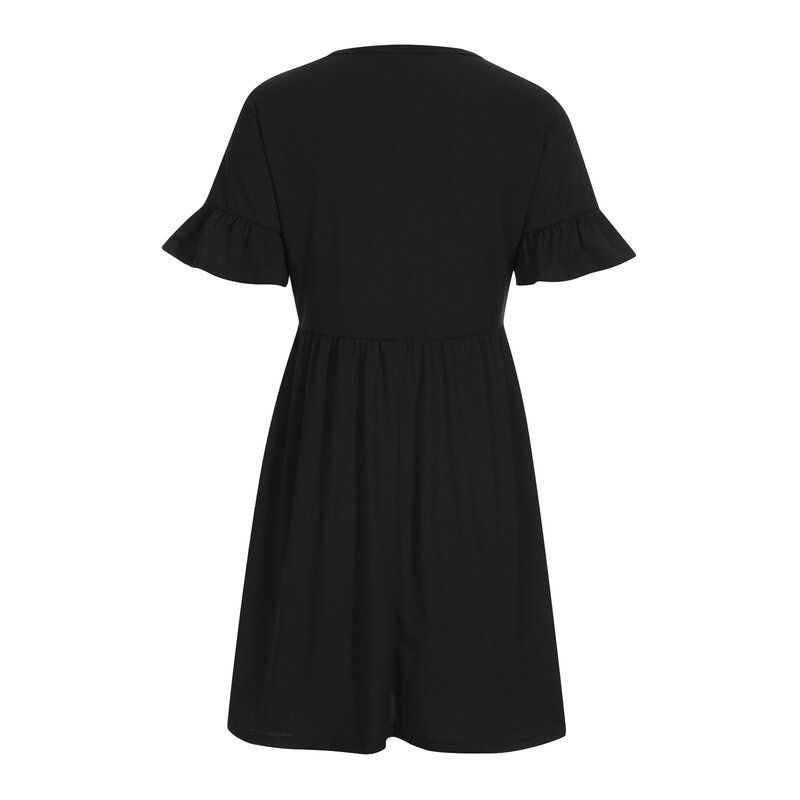 Vestido de manga curta a-line feminino, cor preta, casual, gola redonda, senhora do escritório, verão, novo, 2024