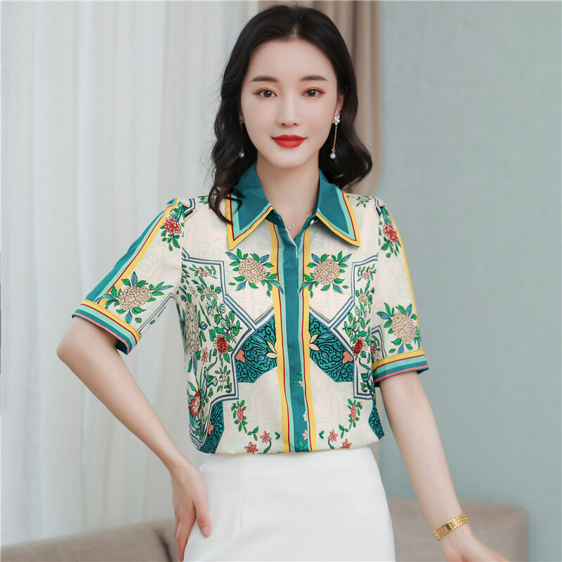 FANIECES camisas e blusas Women Floral Printed Tops Tee Single Breasted Blouse Lapel Neck Short Sleeves Female Chic Lady Shirts
