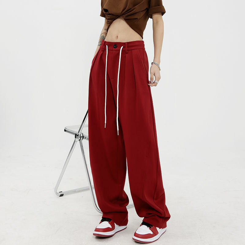Celana Kaki Lebar Merah Retro Fashion Trendi Celana Kasual Longgar Wanita 2023 Celana Panjang Lurus Pasangan Malas Ramping Longgar Musim Semi Baru