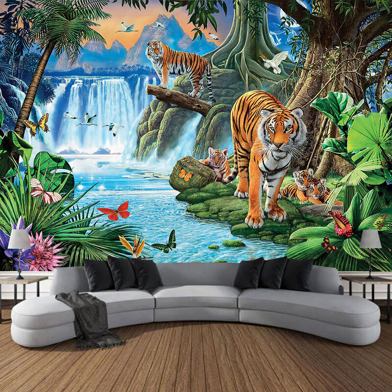 Floresta ao ar livre e tigre colorido impresso tapeçaria, animais paisagem, mural decorativo, sala de estar, quarto Wall Art