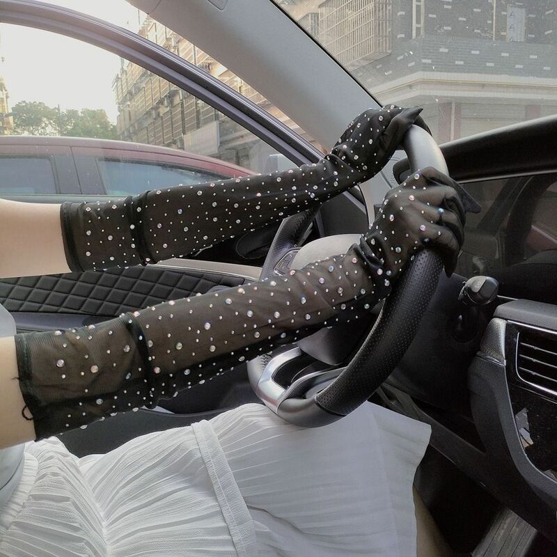 Женские длинные перчатки с прозрачными кристаллами, перчатки для защиты от солнца, женские перчатки для вождения