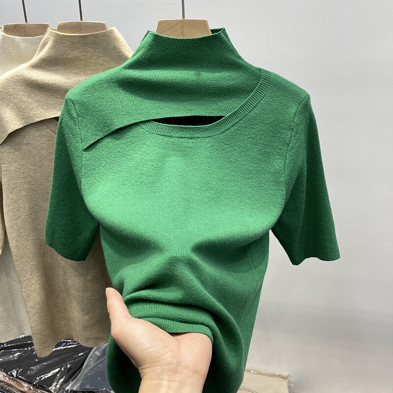 Hollow Out Patchwork Half High Collar Women's Solid Color Short Sleeve Knitted 2023 Summer New Chic Slim Sweater Undershirt Tops