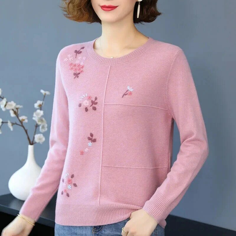 Женский вязаный свитер с вышивкой, Свободный пуловер с длинным рукавом и круглым вырезом, большие размеры, винтажная одежда на весну и осень
