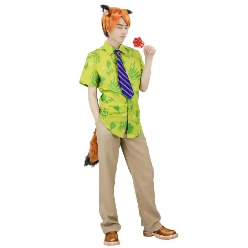 WENAM Fox Nick Wilde Cosplay Camisa com Gravata, camiseta estampada verde, camisas florais havaianas, camisas casuais de praia de férias