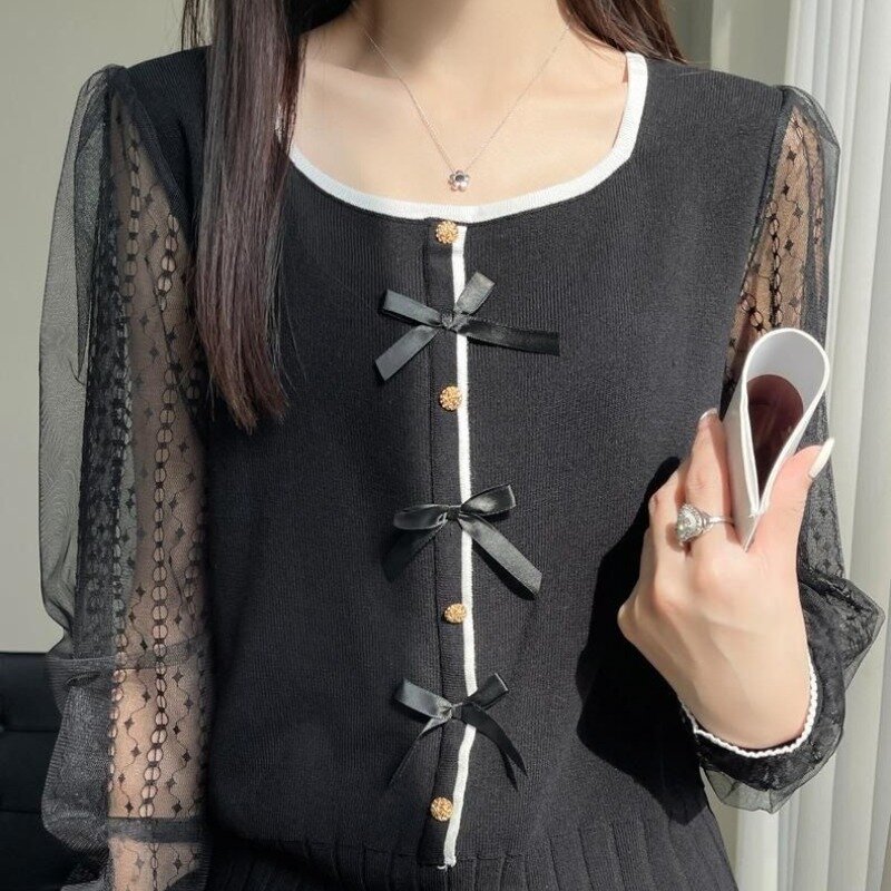 Women's 2024 Summer New Pullover Round Neck Patchwork Fashion Solid Bow Lace Button Slim Knittedo Ffice Lady Long Sleeve Tops
