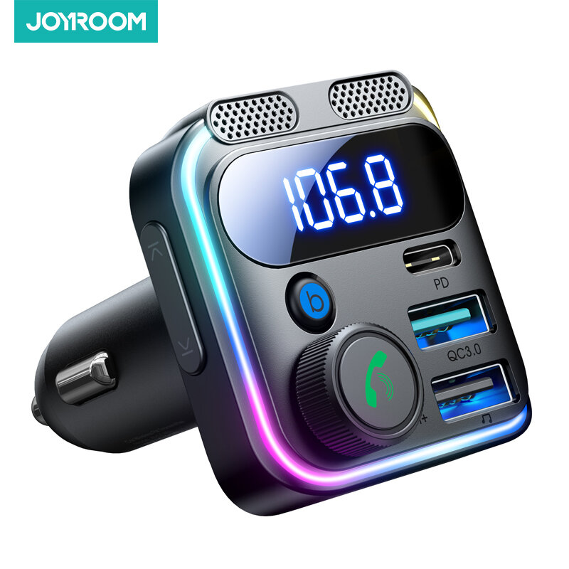 JOYROOM-FM Transmissor para carro, Bluetooth 5.3, 48W PD e QC3.0, adaptador de carregador de carro, disco U, microfones duplos, chamadas mãos livres