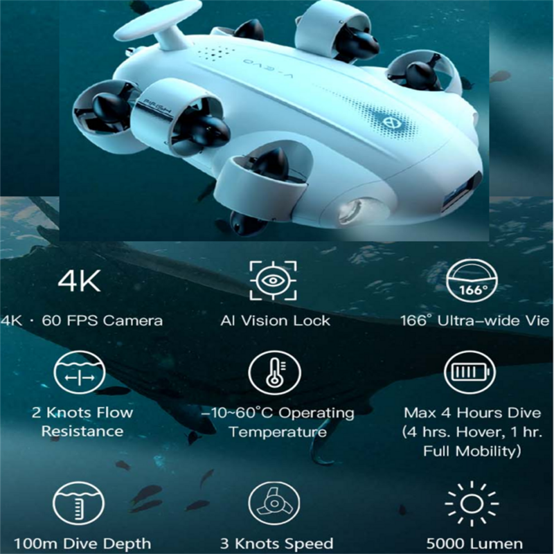 FIFISH Drone sous-marin V-EVO 4K avec bras robotique AI Vision Lock 360 ° Mouvement omnidirectionnel 100M Plongée sous l'eau ROV