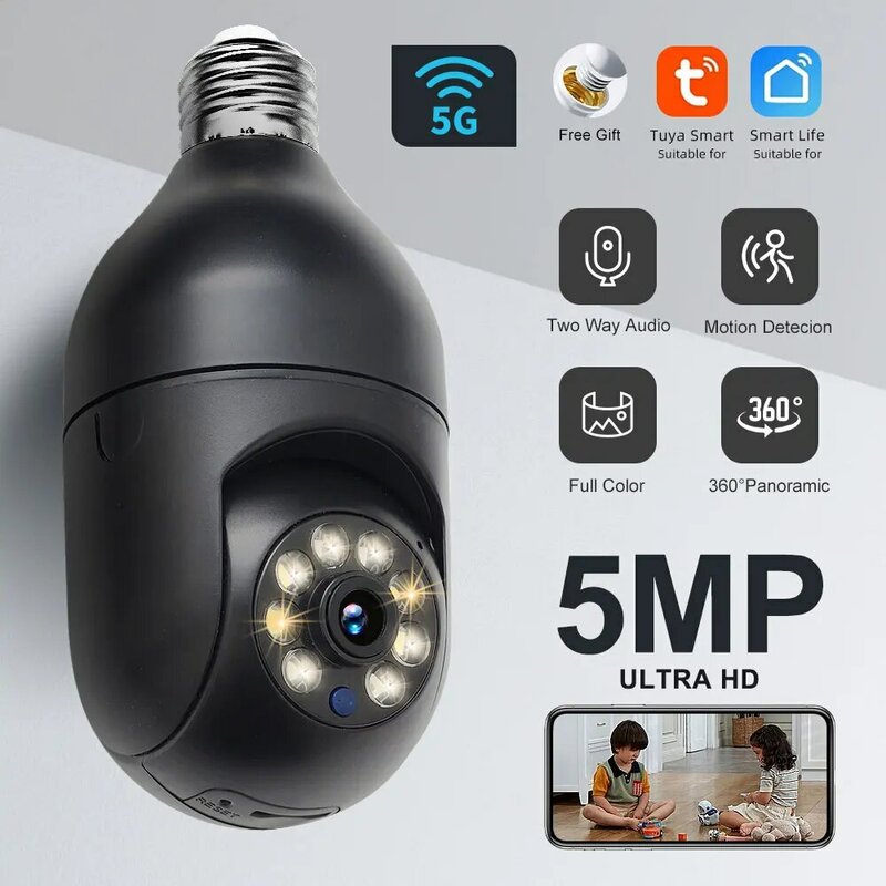 Câmera de Vigilância, Tuya, 5MP, 5G, Lâmpada E27, Rastreamento Humano Automático, Visão Nocturna, Full Color, Monitor de Segurança Sem Fio