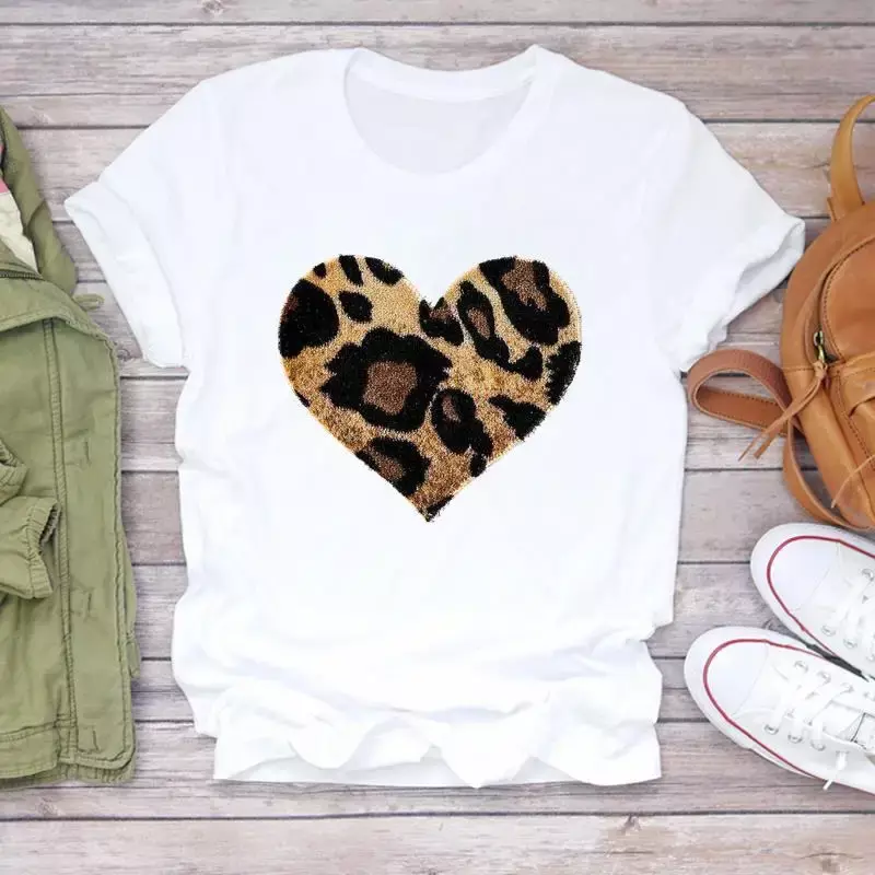 T-shirt imprimé léopard à manches courtes, haut imprimé Ins, t-shirts graphiques, amour, Europe et États-Unis, Y