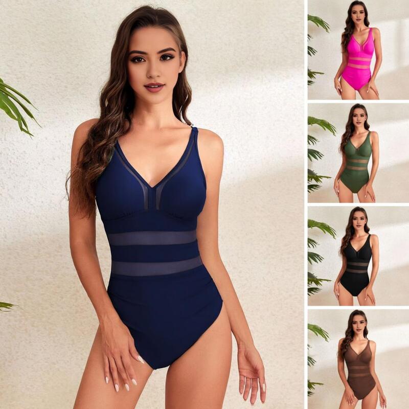 One-piece Swimwear Stylish Women's Mesh Splicing One-piece Swimsuit with Tummy Control V-neck Sexy S-shaped Swimwear for Summer