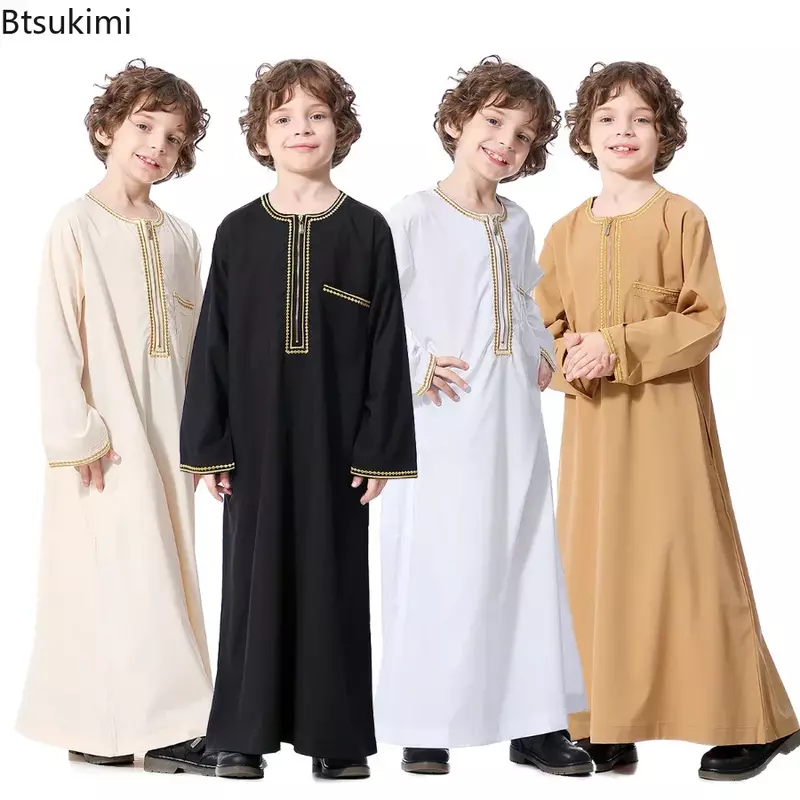New2024 Dubai Arab Moslim Kids Jongens Kleding Abaya Kaftan Gewaden Islamic Ramadan Kleding Oman Arabic Qatar Kind Kaftans Kostuums