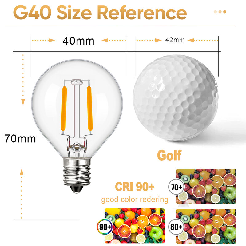 หลอดไฟ LED G40 E14ไฟทดแทน220วัตต์หรี่แสงได้1.5วัตต์สีขาววินเทจหลอดไฟตกแต่งสายห้อยกลางแจ้งโคมไฟไส้หลอด