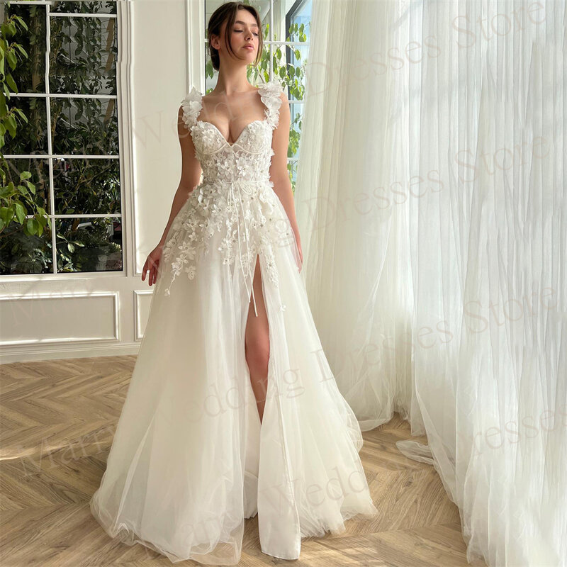 Luxurious Classic A Line Women's Wedding Dresses Modern Graceful Lace 3D Flowers Bride Gowns Charming High Split Robe De Mariée