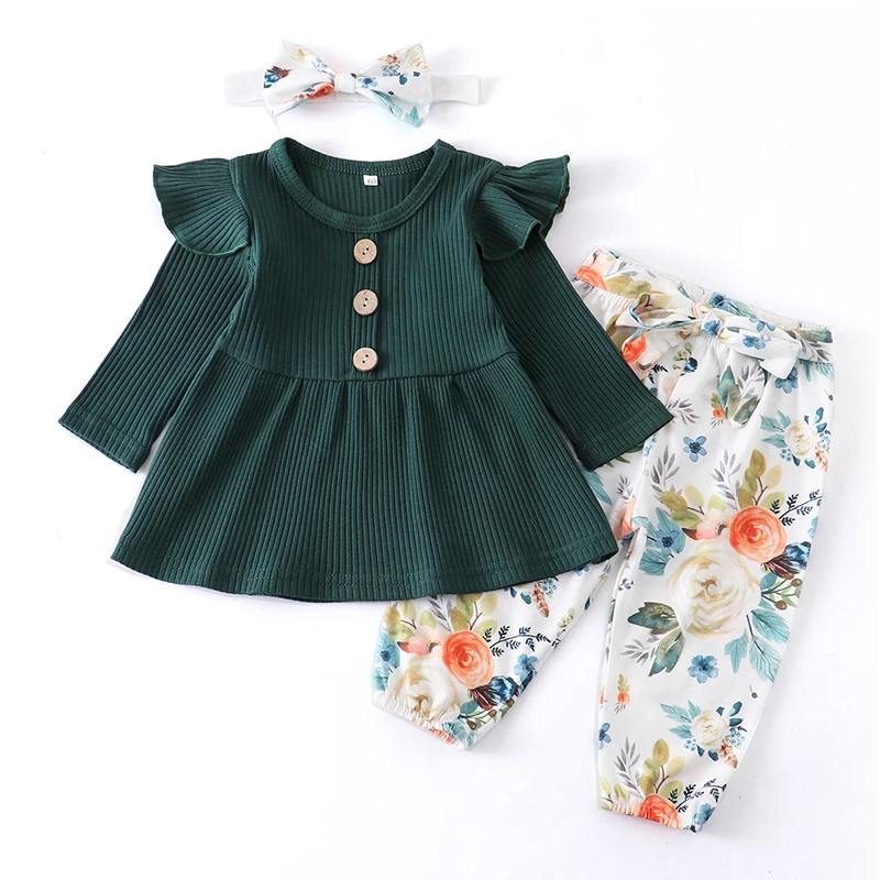 Baby Girl Clothes Green Ruffle Long Sleeve Tops Floral Pants Headband 3Pcs Clothing Newborn Infants Toddler Spring Outfits Set
