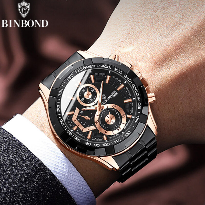 BINBOND B1033 Business Men's Multifunctional Sports Watch Trendy Quartz Watch Luminous Waterproof Steel Strap Men's Wristwatch