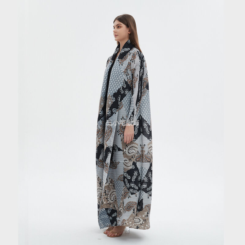 ALSEY Miyake plisowany damska suknia 2024 letni nowy nadruk w stylu Vintage dziewięciominutowy rękaw arabski luźny Plus rozmiar długi otwarty ścieg