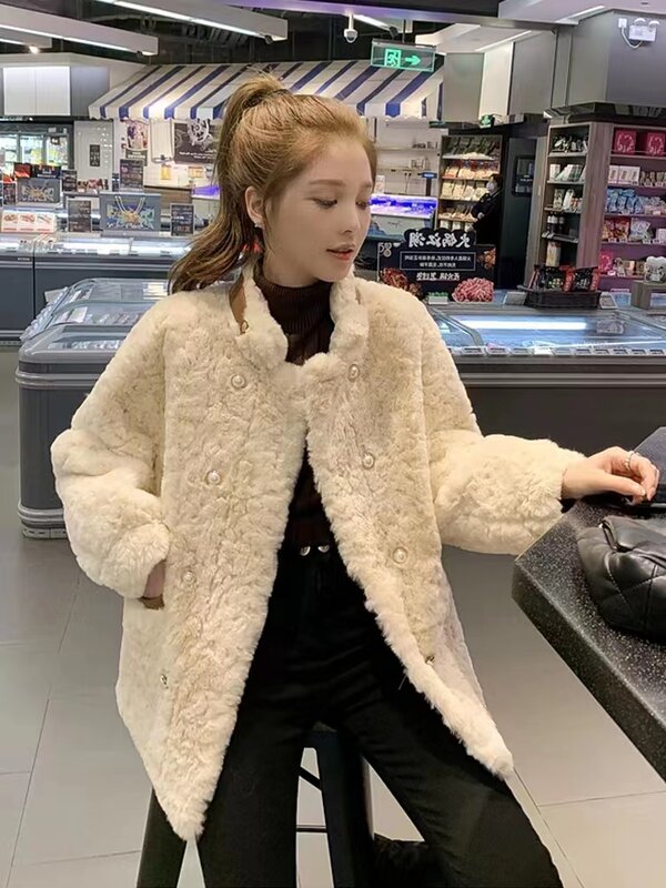 Mantel wol domba wanita, jaket hangat mewah tebal longgar musim dingin 2023