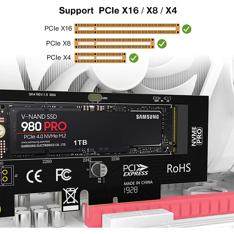 Adaptateur JEYI M.2 PCIe vers NVMe avec dissipateur thermique en aluminium, carte d'extension 64Gbps PCIe4.0 X4 Gen4 NVMe M.2, clé M 2230/2242/2260/2280