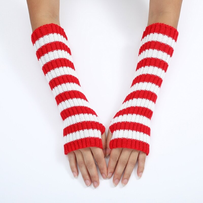 Keep Warm Winter Gloves Half Finger Knit Stripe Pattern Mitten for Adult Teens