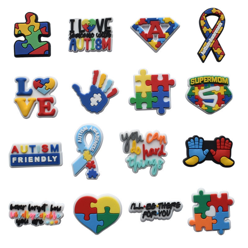 16pcs New Arrival Autism Awareness Pins Shoe Charms Silicone Backpack Wristband Ornament Dropshipping Sale Wholesale Bulk