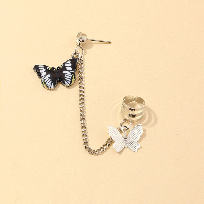New Romantic Blue Butterfly Earrings Punk Style Cool Girl Colorful Butterfly No Piercing Chain Ear Clip Accessories Jewelry