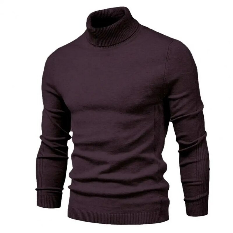 Sweater kasual lengan panjang pria, Pullover kasual kerah tinggi Sweater rajut lembut hangat musim gugur musim dingin Pullover dengan Slim Fit warna Solid