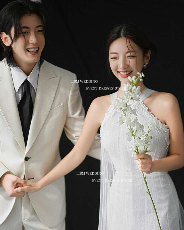 Gaun Prom Korea Tulle elegan LISM pemotretan foto berlipat A-Line panjang lantai Vestidos De Novia gaun malam pernikahan kustom