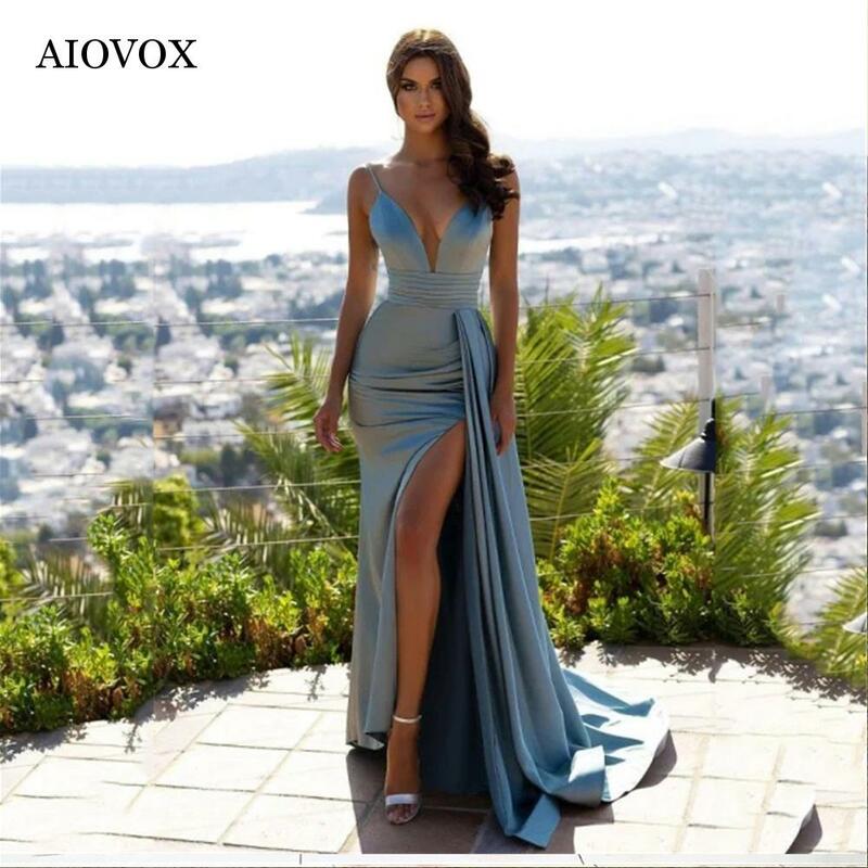 Aiovox sexy cinta de espaguete vestido de noite simples alta divisão com decote em v bainha vestido de baile até o chão vestidos de noche feito sob encomenda
