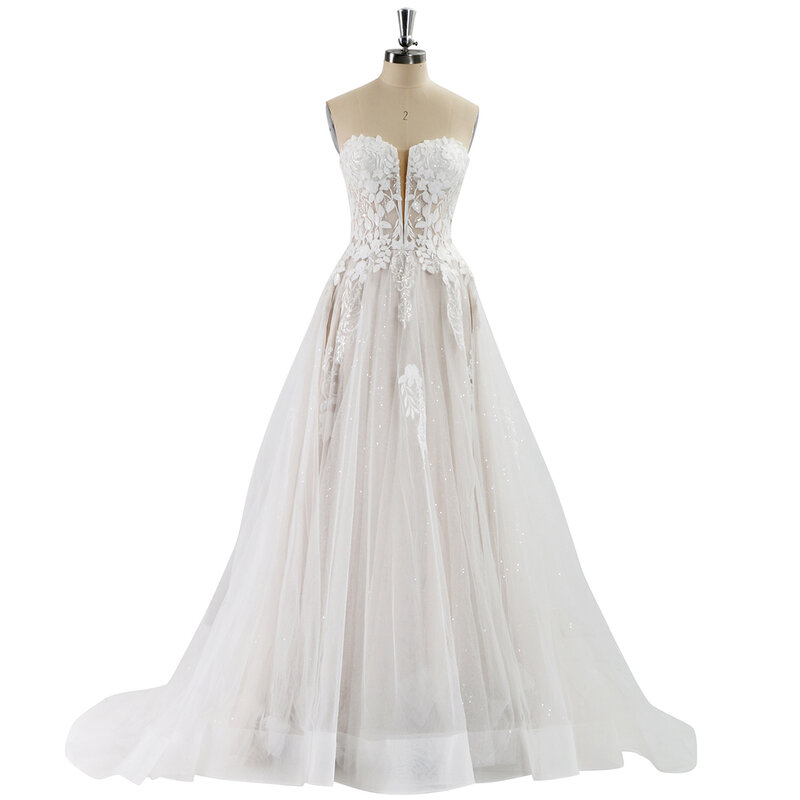 Vestidos de novia elegantes de encaje para mujer, sin mangas, escote en V profundo, vestidos de novia brillantes, vestido de novia de lujo, 2024