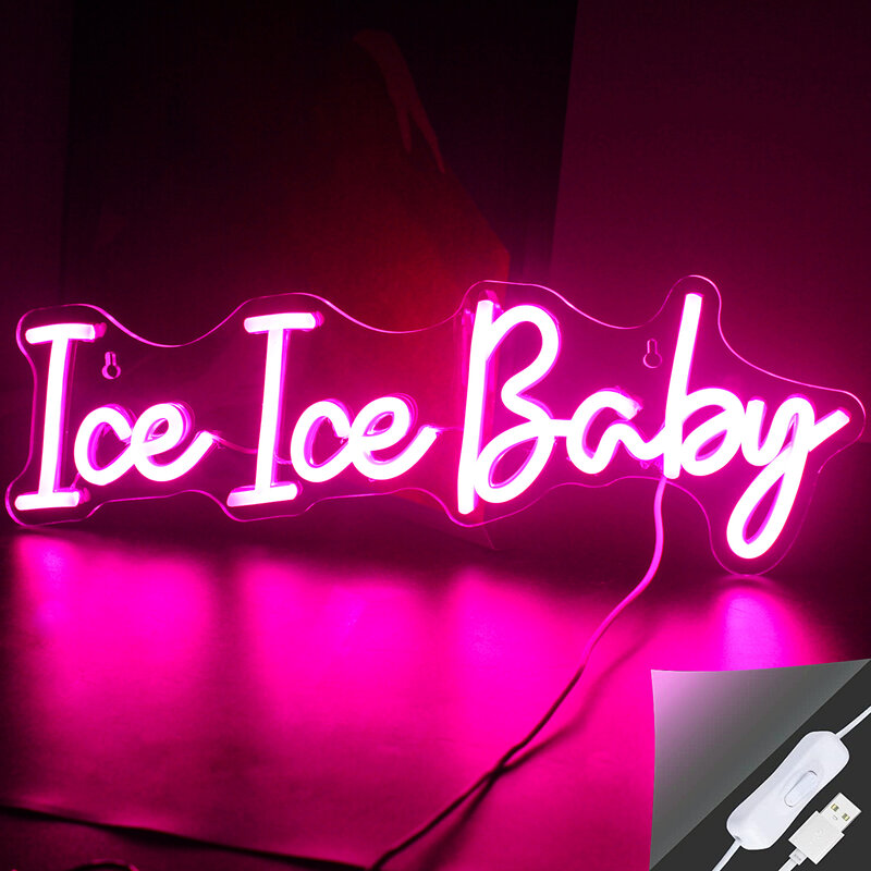 Ice Ice Baby Neon Sign Pink Letter Room Decoration Light, Wedding Bar Bebe Birthday Party LED, Home USB Art Wall Lamp Decor