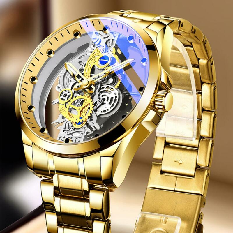 Waterdichte Luxe Zakelijke Mannen Polshorloge Pointer Ontwerp Ronde Wijzerplaat Lichtgevende Holle Gouden Skelet Vintage Heren Quartz Horloge