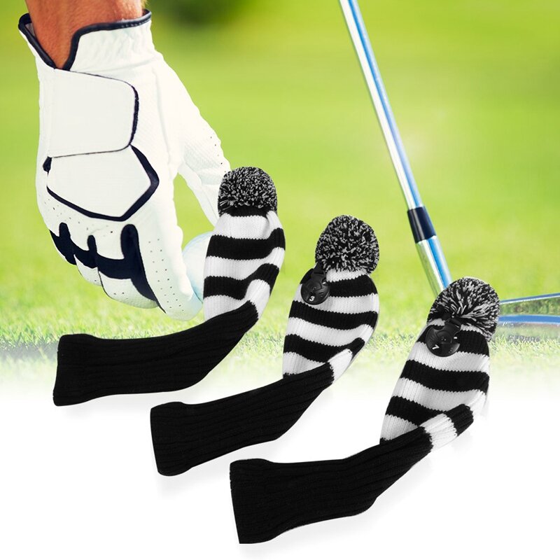 3 Stuks Zwart En Wit Streep Sok Retro Golf Houten Headcover Golf Headcover Set