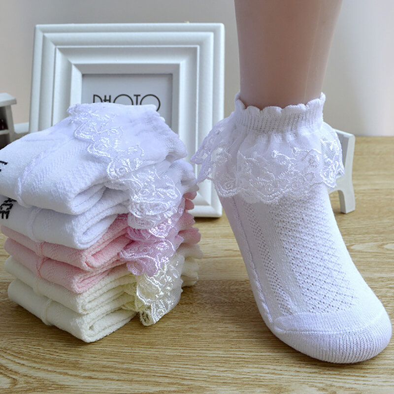 USHINE-Calcetines con volantes para niñas pequeñas, medias de encaje blanco con volantes, ojales de princesa, tobilleras de algodón, vestido de Ballet