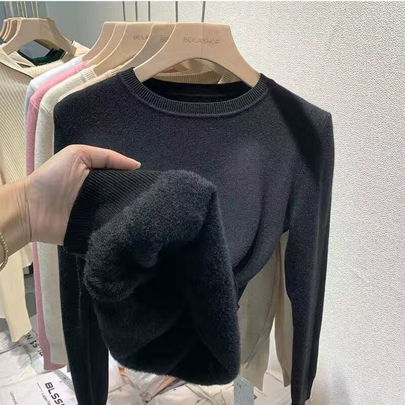 Winter Women'S O-Neck Plus Velvet Thicken Sweaters Slim Warm Long Sleeve Knitted Tops Casual Plush Fleece Lined Soft Pullover