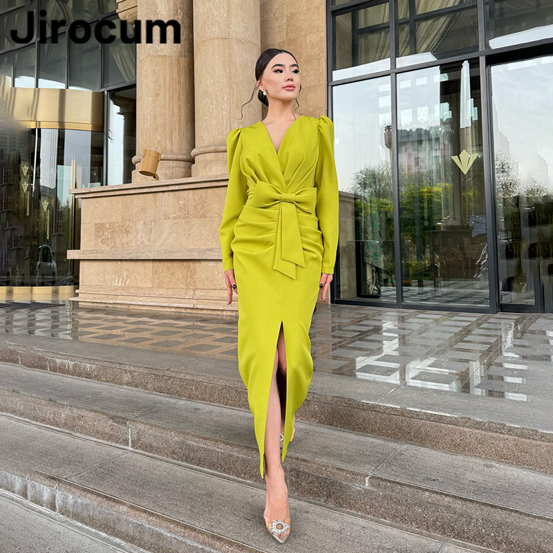 Jirocum Mermaid Prom Dress Women's V Neck Long Sleeve Party Evening Gown Side Slit Tea Length Saudi Special Occasion Gowns 2024