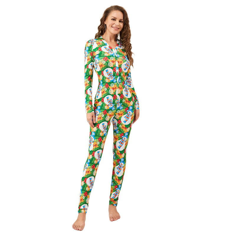 Women's Christmas Pajamas Oneseies Romper Long Sleeve Button Down Jumpsuit Sleepwear Cartoon Print Nightwear
