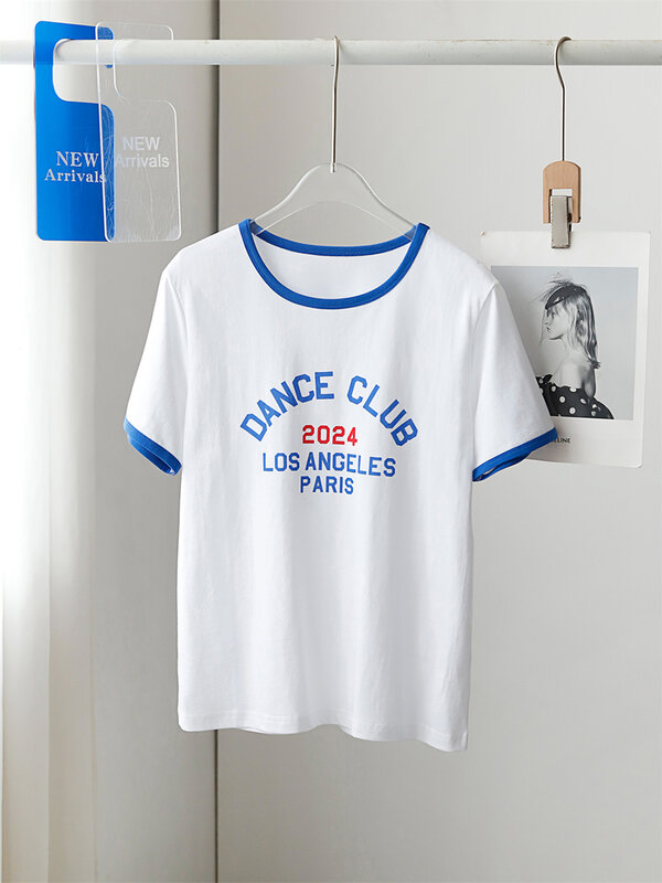 Camisetas estampadas com letra vintage para mulheres, manga curta, camiseta com decote em O, roupas casuais, moda feminina, verão, 2024