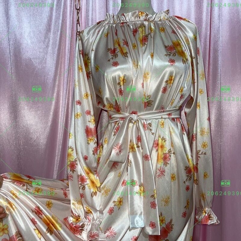 Vestido de satén de manga larga con estampado Floral brillante para mujer, Maxi vestido suelto con cordones, bata de dormir de talla grande
