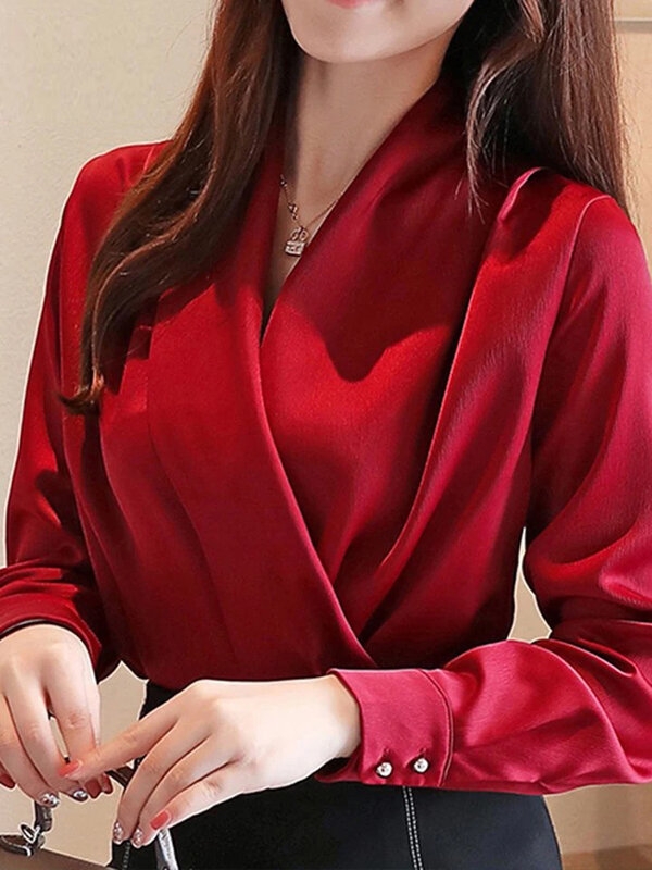 Blus Satin Kerah V Rendah Kaus Sifon Wanita Atasan Wanita Kantor Elegan Solid Baju Wanita Merah Putih Lengan Panjang 2022