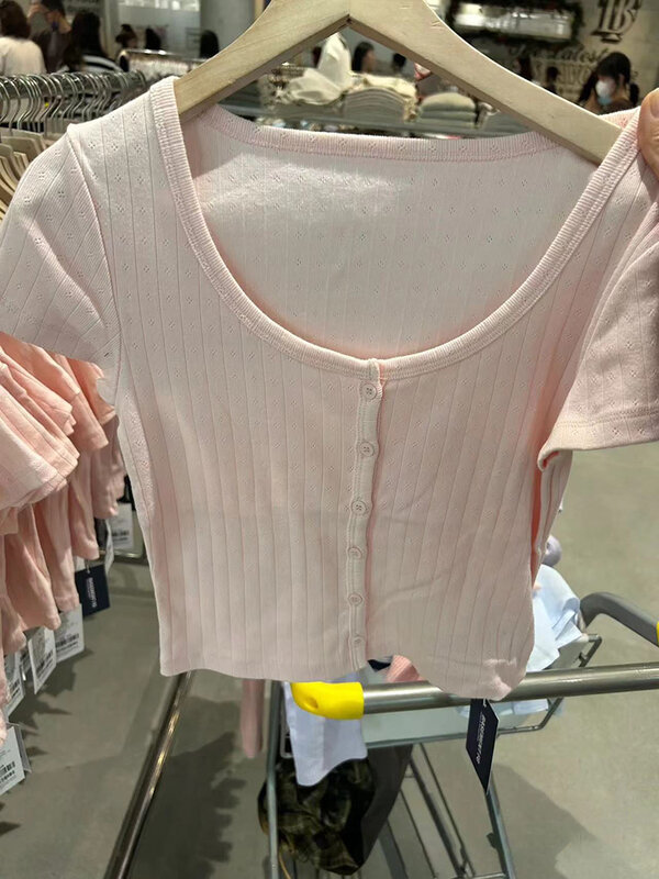 Roze Oogje Lieve Slanke T-Shirt Vrouwen Zomer Katoenen Hals Knopen Korte Mouw T-Shirts Vintage Eenvoudige Cute Crop Top Y 2K Kleding
