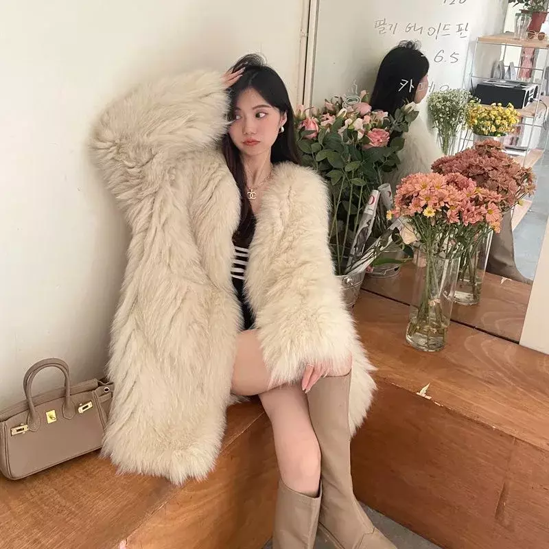 Jaqueta coreana de pele de raposa imitada para mulheres, casaco acolchoado quente, casaco longo de lã, roupa superior, elegante, luxo, outono, inverno, novo
