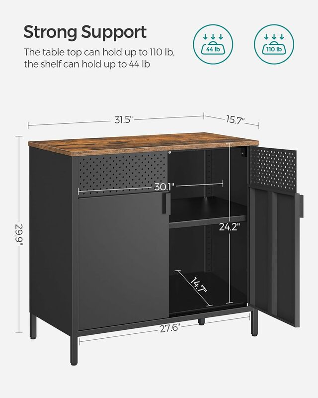 Aparador de almacenamiento, mesa de Buffet con estantes ajustables, armario de almacenamiento de suelo, marco de acero, Marrón rústico y Negro ULSC102B01