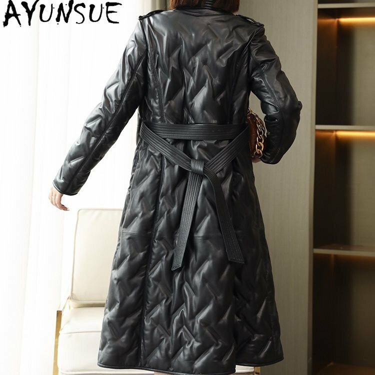 AYUNSUE 여성용 진짜 양가죽 재킷, 2023 롱 덕 다운 재킷, V넥 롱 코트, 여성용 다운 코트, 겨울