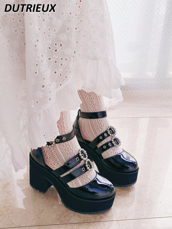 Sapatos de plataforma com salto robusto para mulheres, fivela de strass Mary Jane, mina Lolita, sandálias pretas, estilo japonês, doce menina JK
